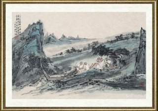 顾平_空山古柏横向阳，老干苍粗息上方，斜坡映照远山碧，一阵清水消夏凉。